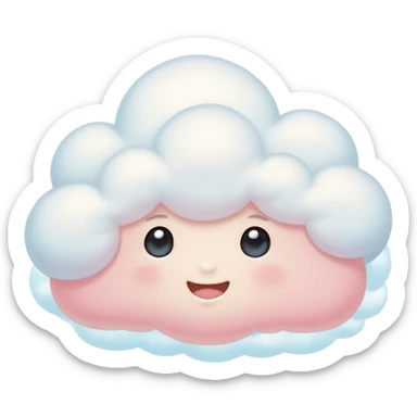 Cinematic tiny snuggly cloud, soft fluffy texture, gentle glowing edges, cute blushing cheeks, floating peacefully in a pastel sky, warm and dreamy. sticker