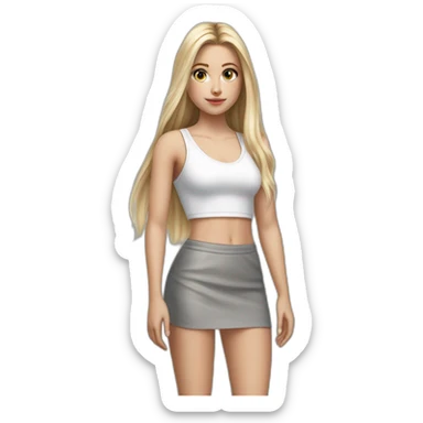 hyperrealist caucasian girl, long straight blonde hair, white v-neck laced crop tanktop, grey tight mini skirt, sneakers, facing camera sticker