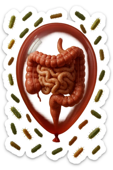 intestino umano anatomico chiuso in un palloncino rosso con batteri intestinali che fluttuano intorno, iperrealistico 4k sticker