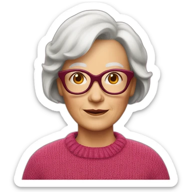 65 year-old Dutch white woman with dark red colored short hair, pink sweater and gold glasses sticker