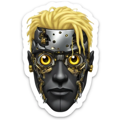 black metal male cyborg head with  one artificial eyeball, circuitry, goatee and dreaded yellow gold hair sticker