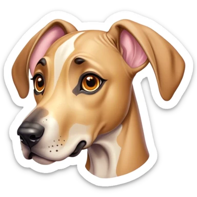 Cinematic Cute Fawn Great Dane Portrait Emoji, Head tilted playfully and inquisitively, showcasing a glossy fawn coat with a subtle luster, round, sparkling amber eyes filled with curiosity, Simplified yet irresistibly adorable features, highly detailed, glowing with a warm, friendly glow, high shine, affectionate and gentle, stylized with a touch of whimsy, bright and endearing, soft glowing outline, capturing the essence of a mischievous yet loving pup, so playful it feels like it could lumber out of the screen and into your arms! sticker