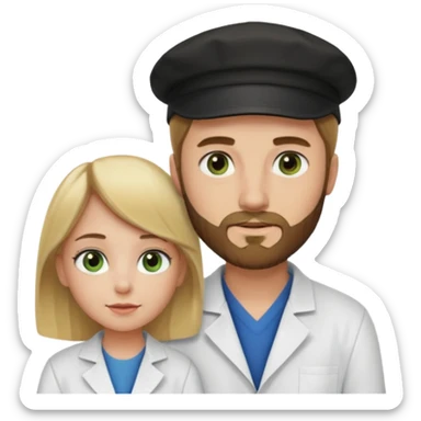 a blonde bearded guy wearing black cap, tall, fair skinned, brown eyes,  looking into the girls eyes who is short than him having green eyes and brown hair, who is in love with the guy, girl is wearing a lab coat, guy is wearing a brown jacket and blue jeans sticker