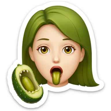 A girl opening her mouth insanely wide with a pickle inside her mouth  sticker