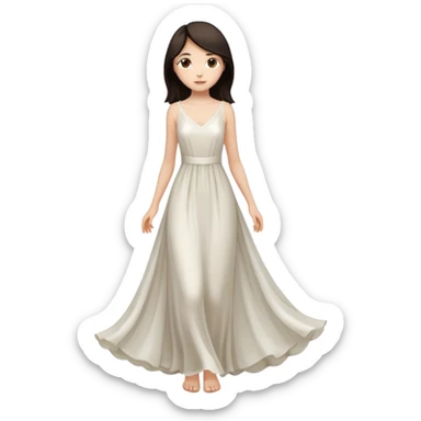 Make an emoji of a slender, full-length girl in an evening white dress with dark hair and brown eyes sticker