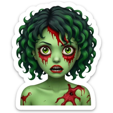 uma mulher com cabelos pretos e mechas vermelhas, cabelos encaracolados, e ela é um zumbi verde com olhos arregalados e marcas de mordidas e machucados pelo corpo  sticker