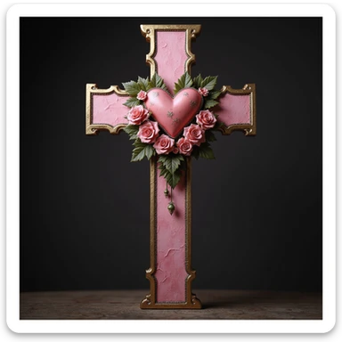 realistic gothic cross, pink and gold, with a heart motif and roses, photorealistic style, no background sticker