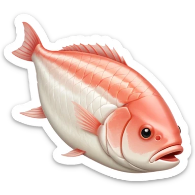 raw white fish fillet boneless skinless pre-cut trimmed natural shape soft curves pale ivory to pinkish-white moist glossy fine muscle grain neat no bones skin head tail no plate seasoning background no faces clean 3D soft shadows transparent background emoji scale sticker