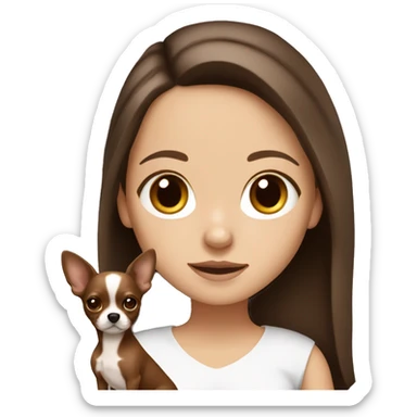 White girl with dark brown hair and middle part holding tan and chocolate brown chihuahua sticker