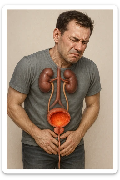 Vertical, hyper-realistic 3D cutaway illustration: uomo con difficoltà con cistite e problemi  sticker