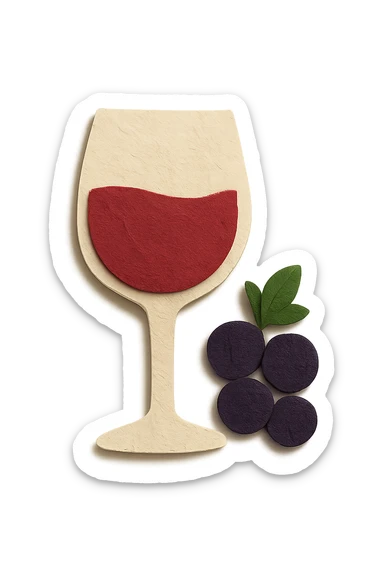 red wine icon, paper craft style, red wine glass with dark purple grapes beside it, no background sticker