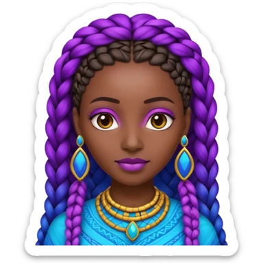 Create me an emoji of a beautiful Ethiopian Queen of Sheba with amazing braids wearing a neon purple and blue gradient African patterns. sticker