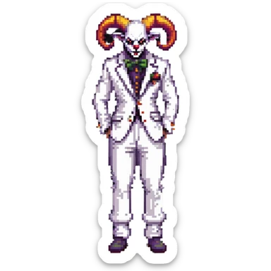 full-body demonic clown in a white leisure suit with bellbottom pants, bald, with black ram horns sticker
