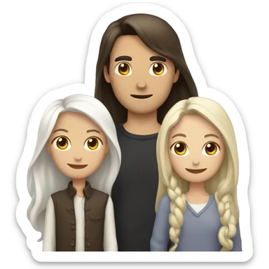  a woman with long brown hair, a man with white hair and a round face, and a young girl with long black hair standing between them, representing a family unit sticker
