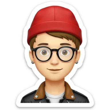 con trai 20 tuổi, da vàng, tóc ngắn màu nâu, đội mũ màu đỏ, đeo kính màu đen, khoác áo da màu đỏ, nụ cười nhếch mép, đeo khuyên mũi sticker