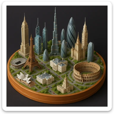 Оставь основу картинки - деревянную подставку, но при этом сгенерируй изометричную, яркая, детализированную и фотореалистичную модель где будет самые узнаваемые здания мира - Эмпайр Стейт Билдинг, Эйфелева башня, Колизей, Сиднейская опера, стадион Сан-Сиро, Белый Дом Пизанская башня, здание МГУ, Бурдж-Халифа, Башни Петронас, Небоскрёб Фостера в Лондоне, Рейхстаг, Тайбэй. Здания не должны повторять и должны быть на картинке в единственном экземпляре sticker