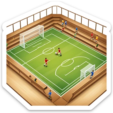 A mini-football match in an indoor sports hall with a wooden floor and clear court markings. The scene captures players in action, with the ball moving towards the goal, and the surrounding bleachers and overhead lights adding to the atmosphere of a competitive game. sticker