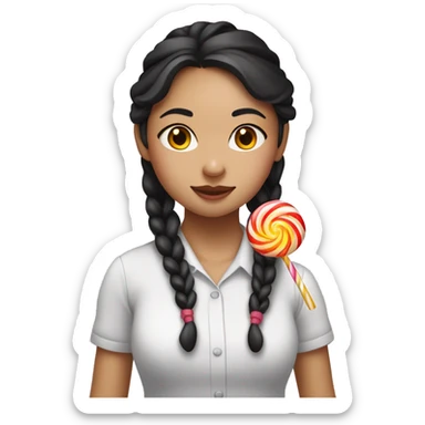 This image is a young Vietnamese woman. She has long, dark hair styled in two braids, one over each shoulder. A white lollipop stick is hanging out of the right side of her mouth, with the candy part out of view. She is wearing a white shirt sticker