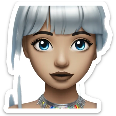 Hyperrealistic pretty girl with blue eyes and long hair with rainbow fringe. Wearing cute black & silver choker necklace has dark eye makeup on her eyes sticker