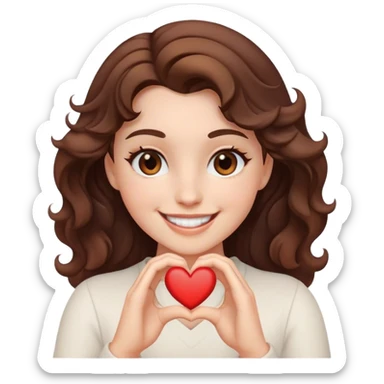 White women in a wavy hair brown and black eyes smiling and making a heart sticker