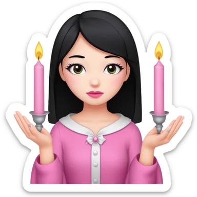A gurl with black hair pink cloth make up holding a white candle sticker