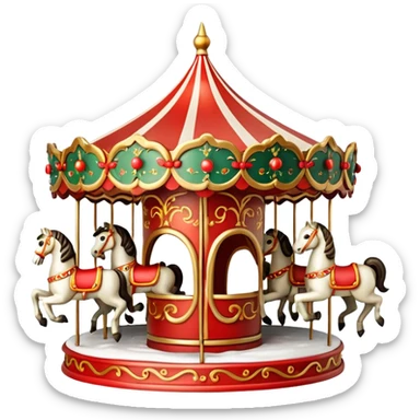 Apple iOS style 3D emoji icon of a vintage Moscow Christmas carousel.
Round ornate roof with red and gold patterns, miniature horses, decorated with glowing warm light garlands and light dusting of snow. Smooth glossy plastic texture, high-end 3D render, vibrant festive colors, resolution. sticker