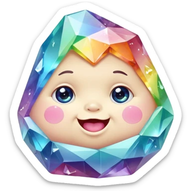 A single pastel rainbow crystal baby rock character, chubby and heavy with a chunky, irregular polygon shape,covered in faceted crystal planes and small chips, big glossy rainbow eyes and a small smiling mout sticker