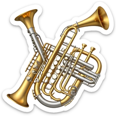 Create a professional and elegant emoji collage symbolizing wind instruments, using a combination of copper, white metal, and black wood. The design should feature iconic instruments like a trumpet, saxophone, tube, oboe, and horn. Each instrument should be represented with its key elements clearly visible.
Each instrument should be designed with realistic textures, including the gleam of metal and the deep, rich tone of black wood. Arrange the instruments in a balanced and harmonious way, making sure the elements are easily recognizable. Use metallic gold, silver, and copper tones with black wood accents. The background should be transparent to highlight the instruments. sticker