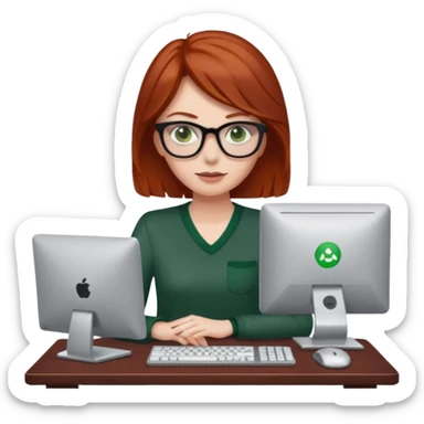 dark red log haired white woman with glasses and green eyes behind a computer dressed casually sticker