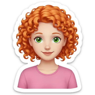 smiling pale girl with curly orange hair, green eyes, pink shirt sticker