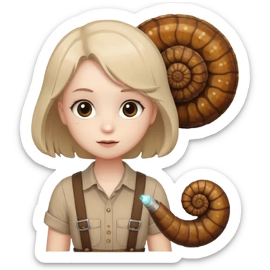 Shelly has a small, chibi-style body with a large ammonite-shaped head that looks like a beige fossil shell. One side of her head has a dark opening, making it clear she isn’t human. Her face is simple and soft, with big round eyes. She wears a brown suspender outfit over a lighter shirt sticker