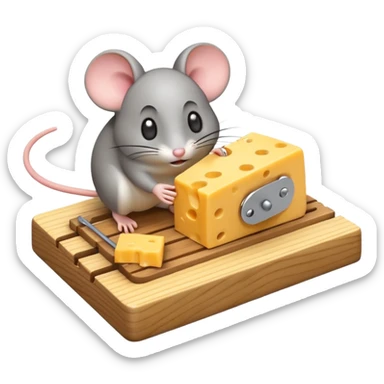 A 3D emoji in iOS emoji aesthetic style of a small mousetrap on a wooden base with a tiny gray mouse approaching a small piece of yellow cheese on it, minimal white background, bright lighting, clean and glossy Apple-style design sticker
