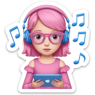 Little girl with headphones when pink eyes and pink iPad and pink dreamy background and rose colored glasses and blue music notes around her and pink dress sticker