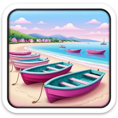 soft aesthetic coastal vibe with small boats, wooden docks, gentle waves, beach area, no industrial elements, only pink tones from pastel to vibrant fuchsia, soft shadows, rounded edges, in Apple iOS emoji style sticker