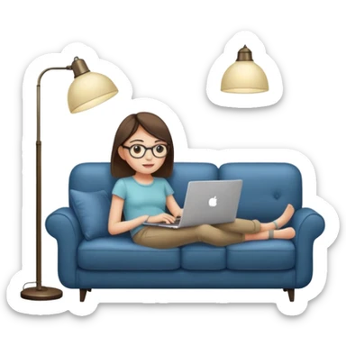 A girl is working with a laptop while lying on a sofa, with a floor lamp to the right. sticker