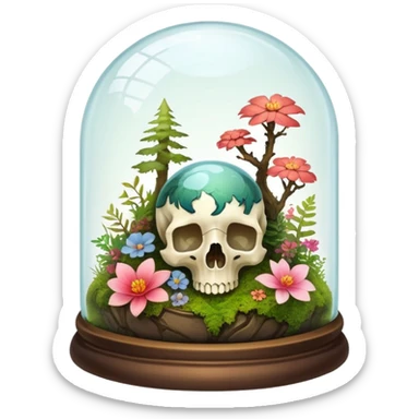 Mystical woodland glass-dome-terrarium-globe with moss and an animal skull and flowers inside  sticker