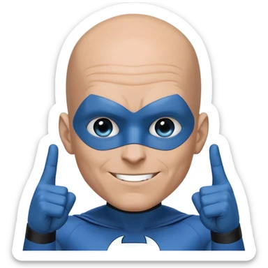 A blue-skinned male character with an extremely large bald head and a high forehead, wearing a sleek black and blue superhero-like suit. He is pointing to his temples with both index fingers and smiling in a clever, confident, and slightly mischievous way. sticker