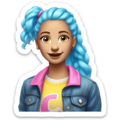 happy white girl with fluffy waist length neon pink hair, a half up half down hairstyle with two pigtails, side-swept bangs, blue eyes, a pastel yellow t-shirt and a translucent holographic varsity jacket sticker