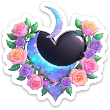 gothic heart made of opal glass, silver crescent moon, pastel roses, holographic stardust, neon rainbow lightning, drenched and splintered glass sticker
