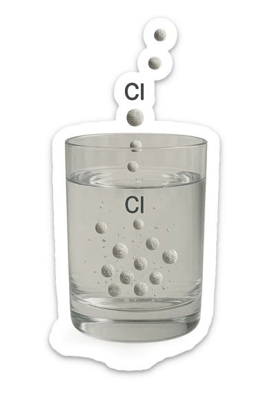 un bicchiere di acqua fluttua in aria realistico e dettagliato, dentro l'acqua del bicchiere ci sono particelle di cloro ben visibili con la scritta "Cl" sopra, ci sono particelle anche che escono dal bicchiere e fluttuan
o in aria verticalmente, mentre alcune sono all'interno dell'acqua nel bicchiere, iperrealistico 4k sticker