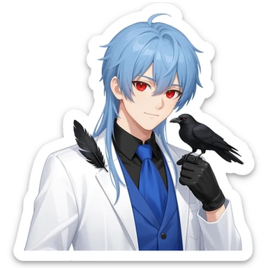 Alchemist handsome anime man with light-blue beautiful hair, handsome sexy, long hair tendril bangs down on the sides, white lab coat, blue cravat, black feathers on shoulder, raven companion, black gloves, red eyes sticker