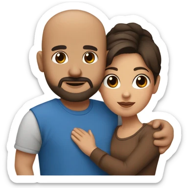 Comforting hug from brunette Puerto Rican with dark brown eyes wearing a cute blue top to short, bald man with brown eyes and a beard wearing a brown sweater sticker