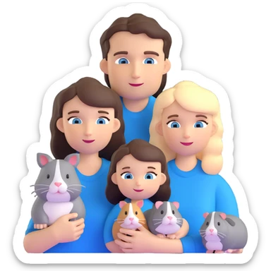 Family portrait with father with dark brown hair and blue eyes, mother with light brown hair and blue eyes, three blonde little girls with blue eyes, plus a grey cat and two guinea pigs sticker