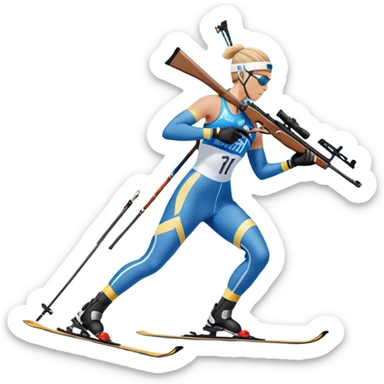 An icon featuring snow-covered trees, distant mountains, and a clear blue sky with a biathlete in motion, holding a rifle and skiing across a snowy course. Transparent background highlights the precision, endurance, and excitement of biathlon. sticker
