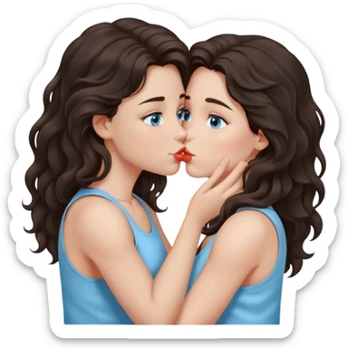 A girl with long, dark brown, wavy hair, grey-blue eyes, and a light blue tank top gives a kiss  sticker