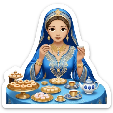 Arabian hospitality and tradition. A woman dressed in an elegant, intricately embroidered blue and gold kaftan sits gracefully at a lavish table filled with traditional sweets like luqaimat, pastries, and cakes, featuring silver tea sets, candles, and luxurious textiles sticker