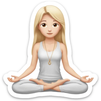 "Cartoon emoji of a girl with long, straight blonde hair, fair skin, soft brown eyes. Wearing a white top with a delicate necklace, serene expression, calm and peaceful. Smooth, simple, stylized." she is doing yoga sticker