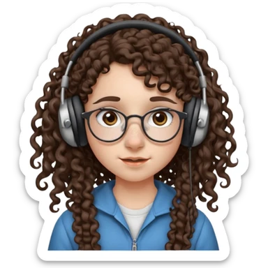 brunette kid with unique face features and very curly long hair kid girl neutral and very big nose and ears and dark eyes with freckles kind of nerd looking and headphone wearing no glassess just nose piercing very big one and evebrow piercing sticker