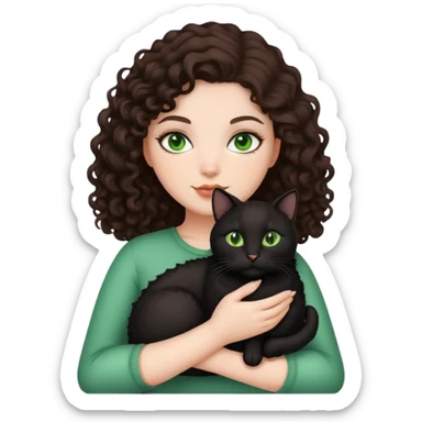 white curvy girl with dark brown curly hair, green eyes and with black cat on her hand sticker