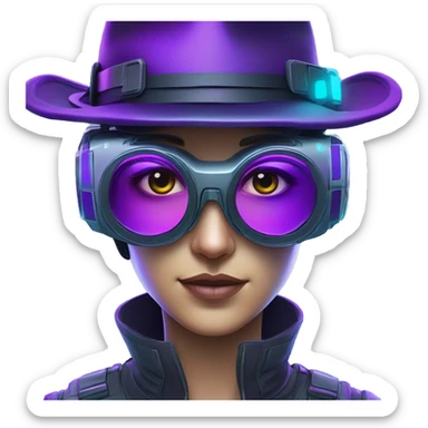 Secret human agent in a hat with  cyberpunk elements in Apple VR googles headset scanning looking reviewing multicolor lines of code, cyan and purple colors, only upper body portrait sticker